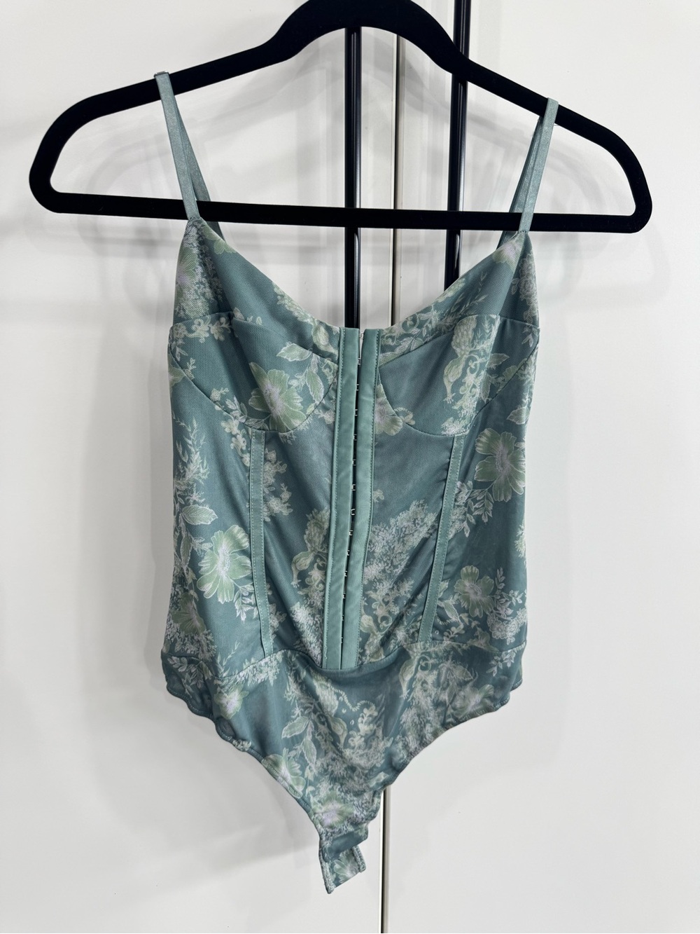 Free People Floral Satin Corset Bodysuit in Dusty Seafoam